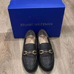 Stuart Weitzman Black Loafers with Gold Buckles
